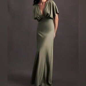 Anthropologie BHLDN Leila Deep-V Flutter Sleeve Satin A-Line Gown Moss Green